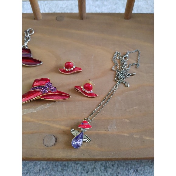 Mixed Lot Red Hat Society Jewelry Necklace Brooch Costume Stud Angel Charms Rhin - Picture 4 of 6